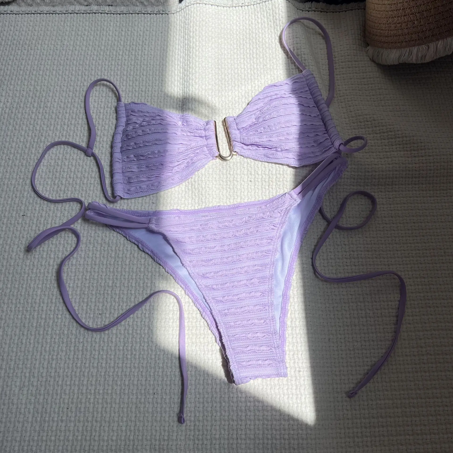 Conjuntos de bikini lisos acanalados bandeau sexy, trajes de baño de dos piezas con Tanga y lazo en la espalda, conjunto de bikini tankini, ropa de playa, biquini