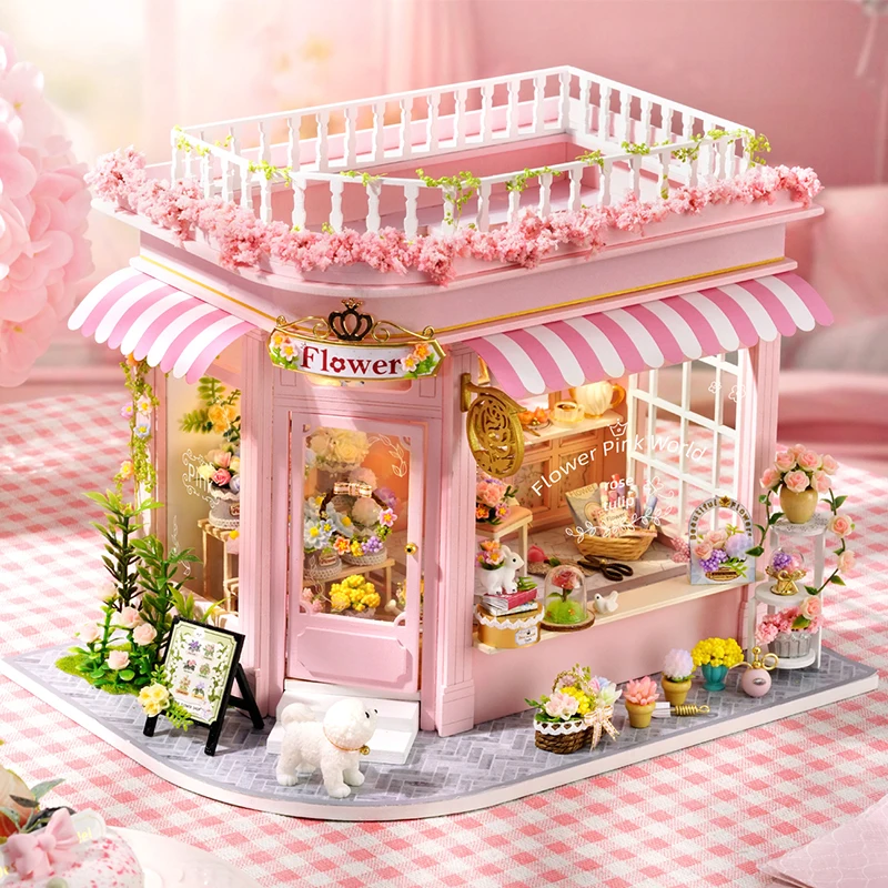

DIY Wooden Miniature Building Kits Colorful Flower Shop Doll Houses With Furniture Casa Dollhouses for Friends Birthday Gifts