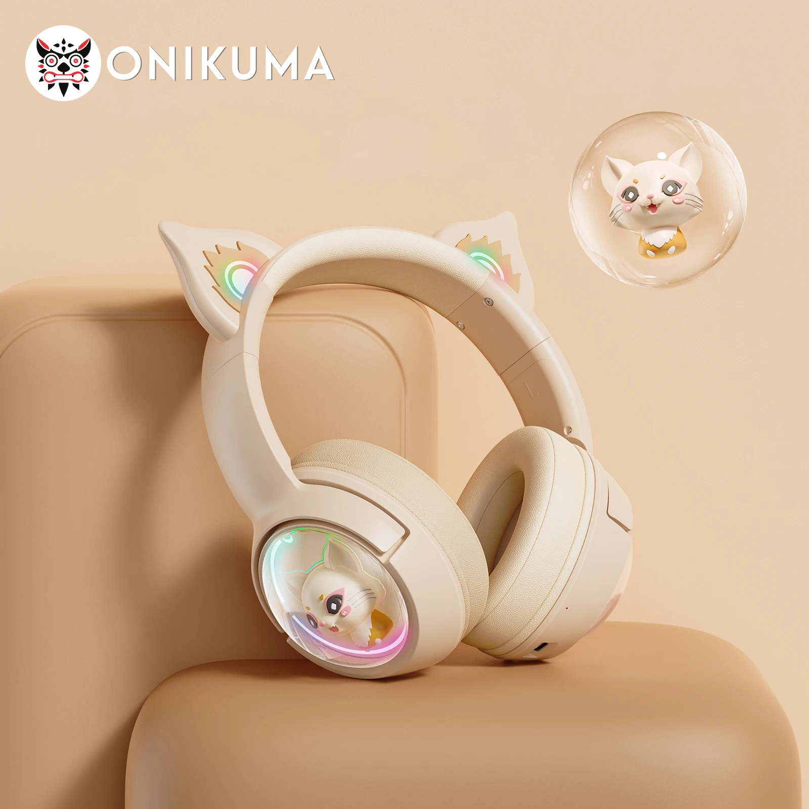 ONIKUMA-B5 Auscultadores sem fio para jogos com ouvido de gato, luz RGB, som surround, fone de ouvido gamer com fio para PC e PS5