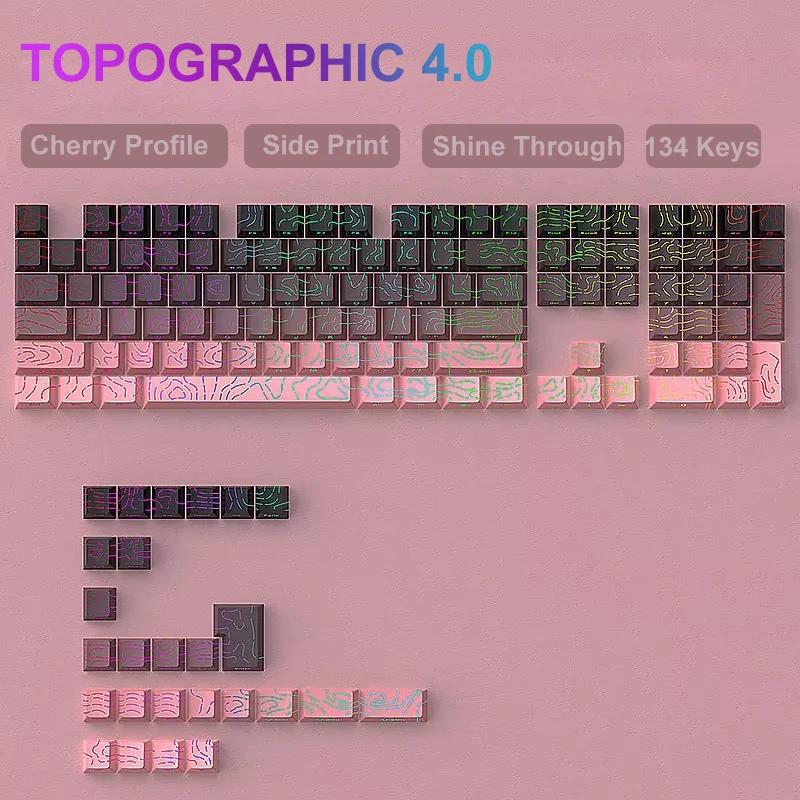 

134 клавишные колпачки для клавиш Berry Topographic 4,0, PBT, двойная боковая печать, блестящие колпачки для клавиш с подсветкой для механической клавиатуры MX Gamer