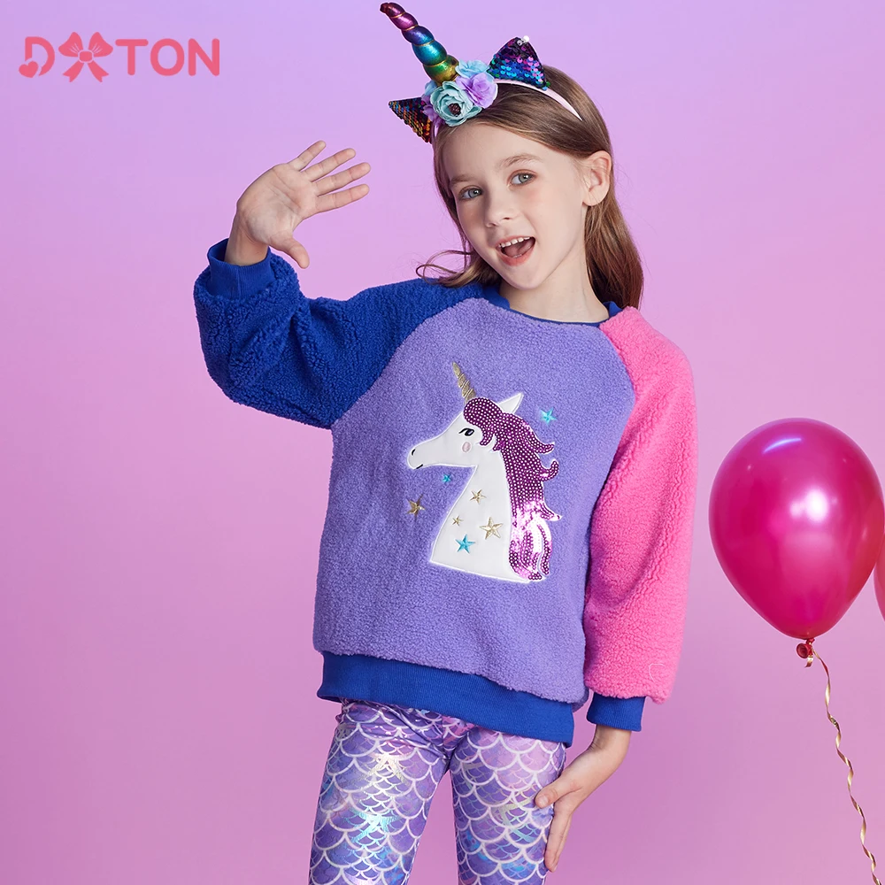 DXTON New Girls Sweatshirts Winter Pullover Polar Fleece Kids Tops Applique Children T-shirts Toddlers Casual Outwear Clothing