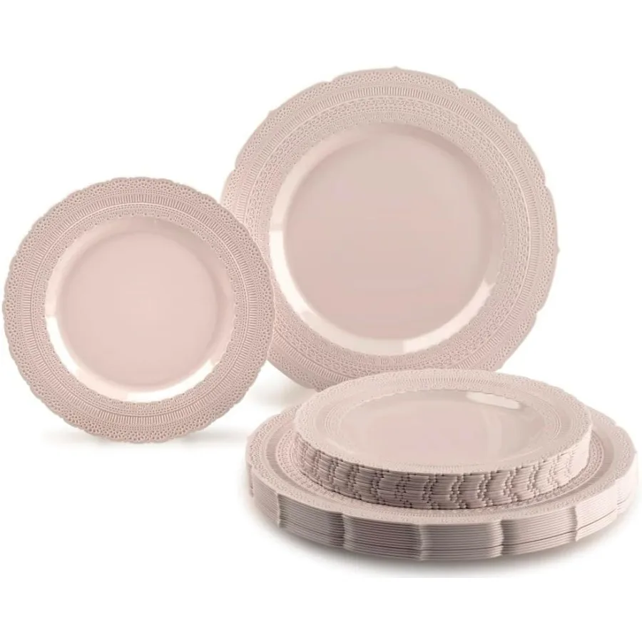 

80Piece Plates Pack for 40 Guests: Extra Heavyweight Vintage Design Disposable and Reusable Plastic Dinner Plates 11inch Dinner
