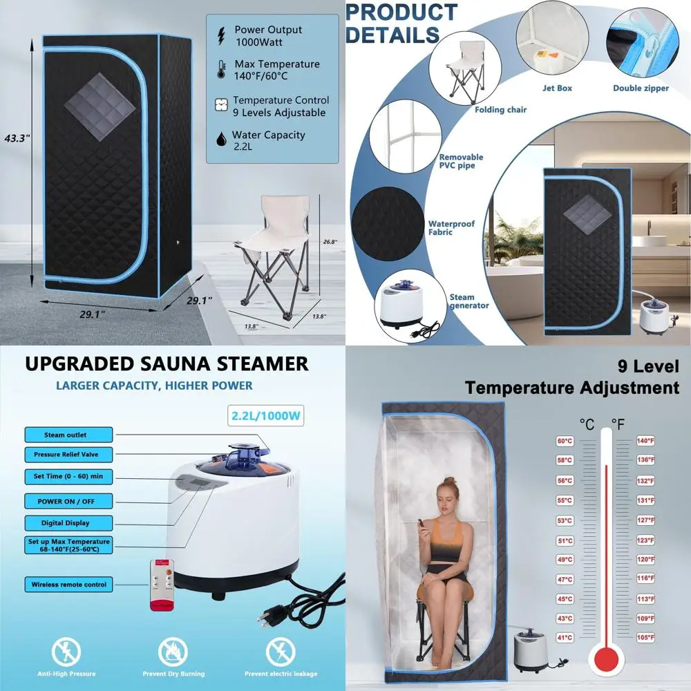 

Portable Steam Sauna Tent | Personal Spa | 2.2L Water Capacity & 1000W Generator | Black with Blue Edge