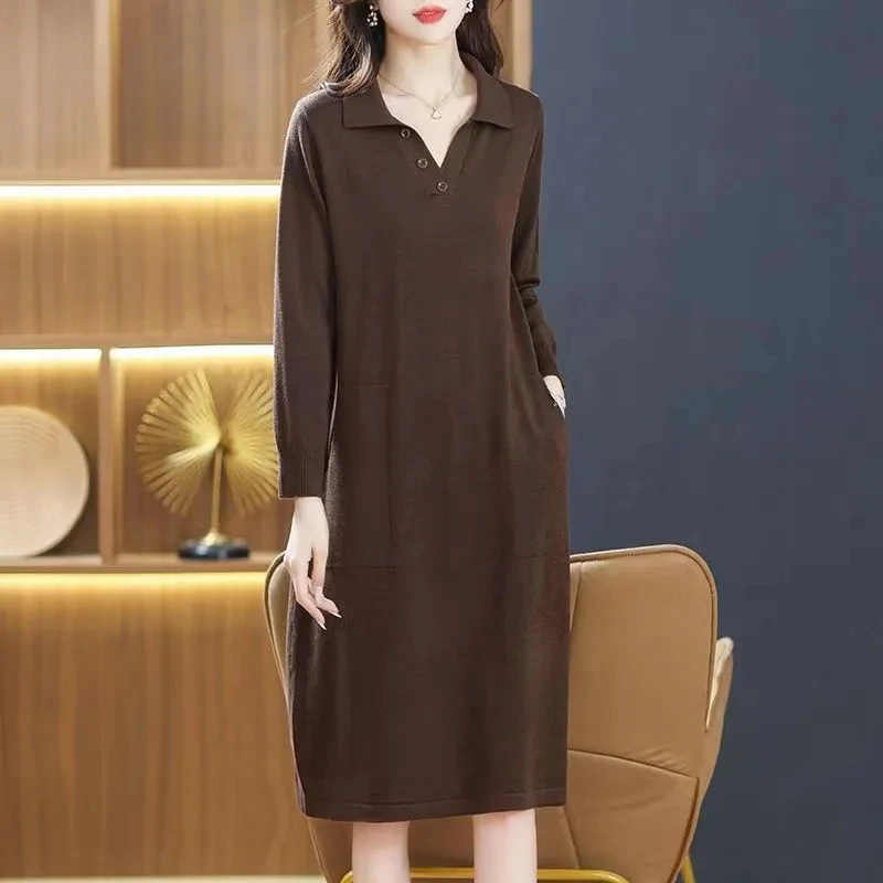 Mom\'s Autumn And Winter Thick Knitted Wool Dress Wool Sweater Slim High-End Knee Length Long Sleeved Dress Loose Plus Size XXXL