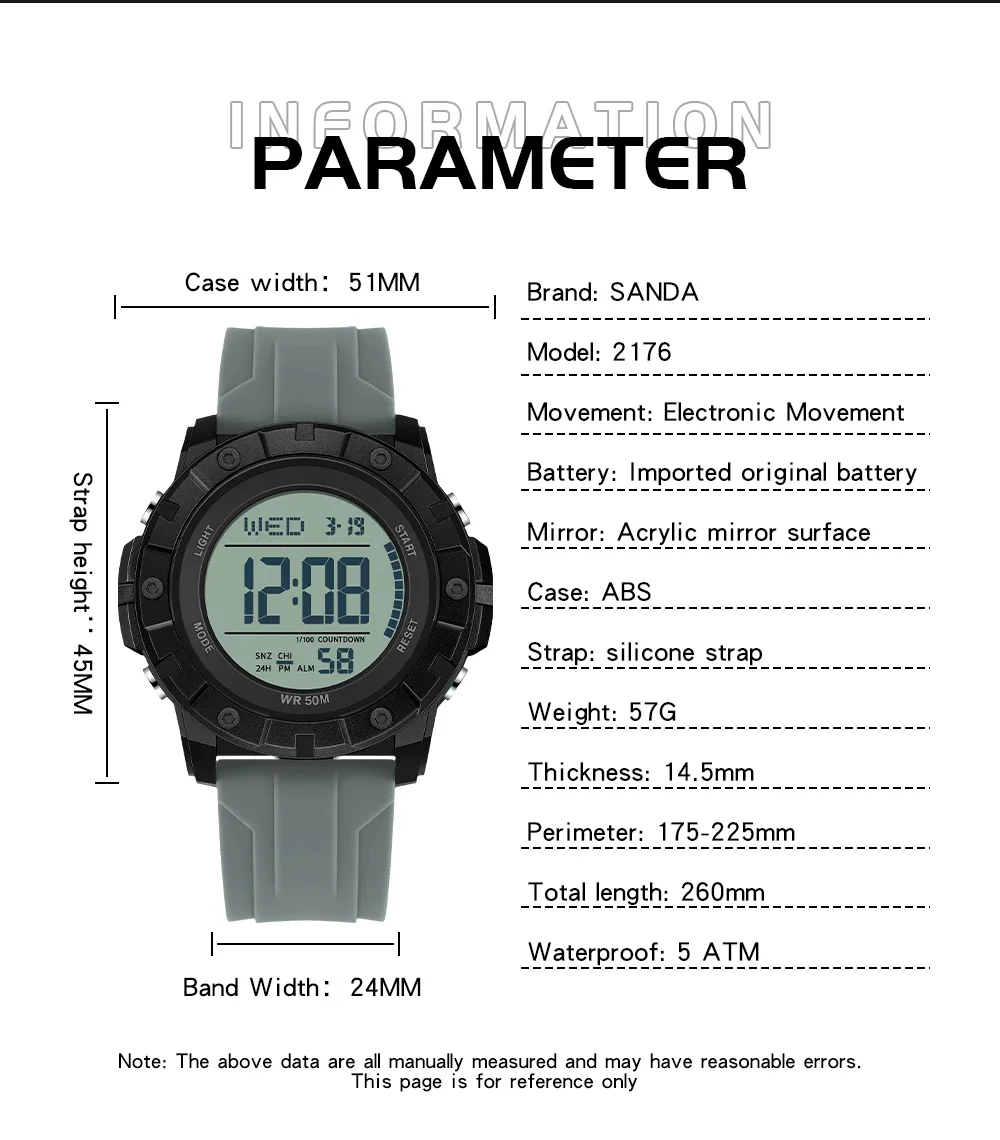 SANDA 2176 패션 남자 전자 시계 스포츠 단일 디스플레이 다기능 LED 달력 방수 학생 전자 시계