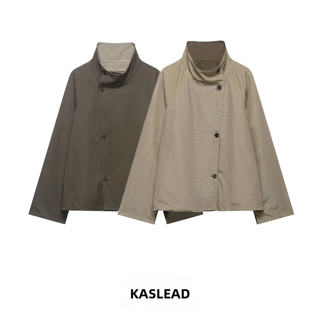 

KASLEAD New Fashionable Plaid Double-Sided Wear High Collar Women's Coat Street Style Long Sleeve Polyester Fiber