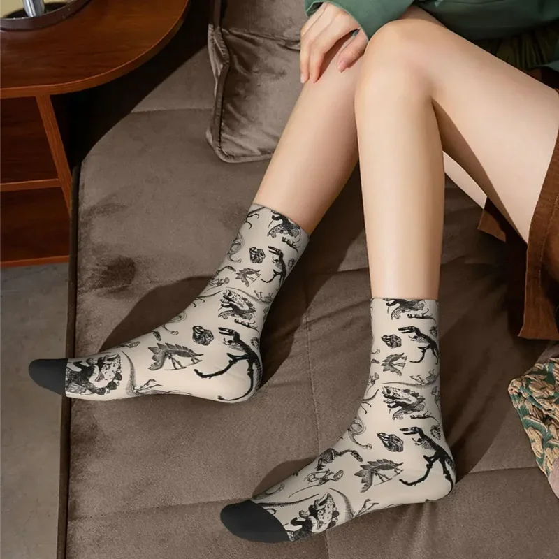 Y2K Vintage Museum Dinosaurs Skeletons Black And Cream Absorbing Stockings All Season Long Socks Unisex Birthday Present