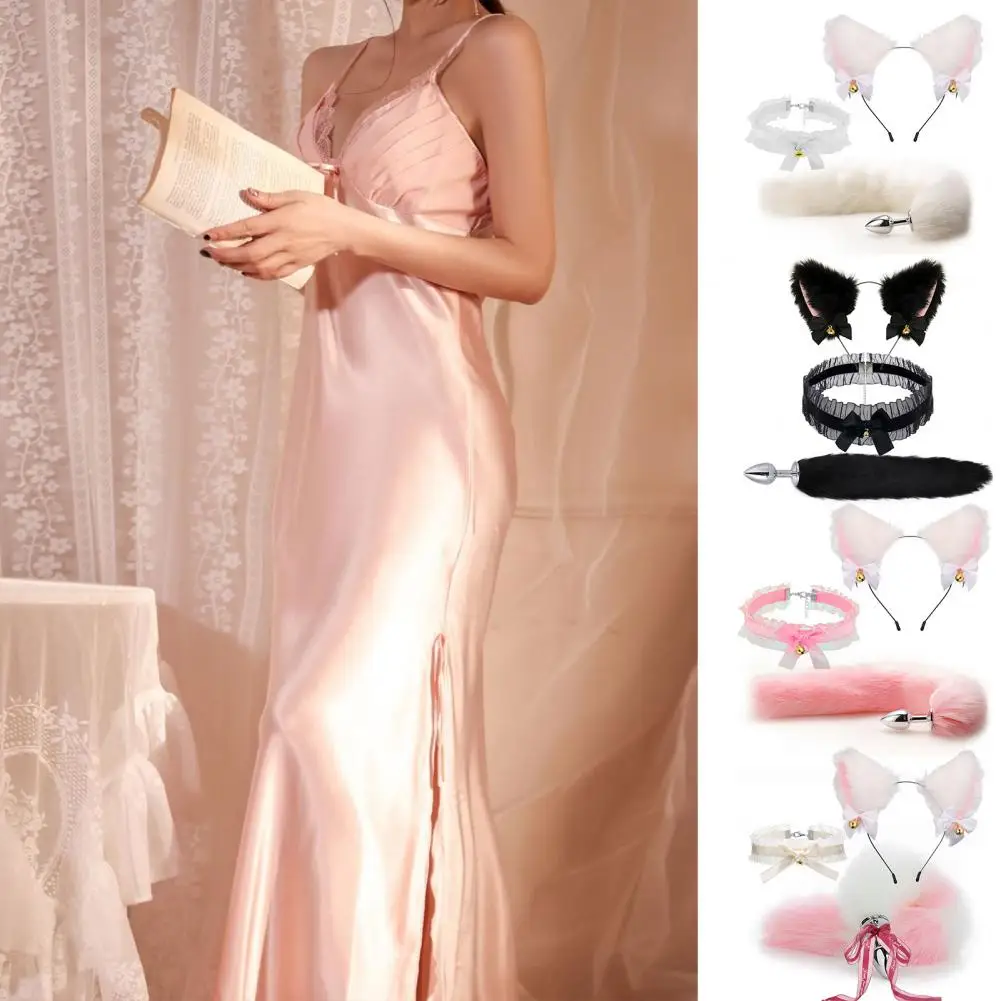 Fox Shape Adult Sex Toy Set com Furry Tail Collar e Bow-knot Hairband para Mulheres, Acessório Sexual, Decoração de Sino Pornográfico