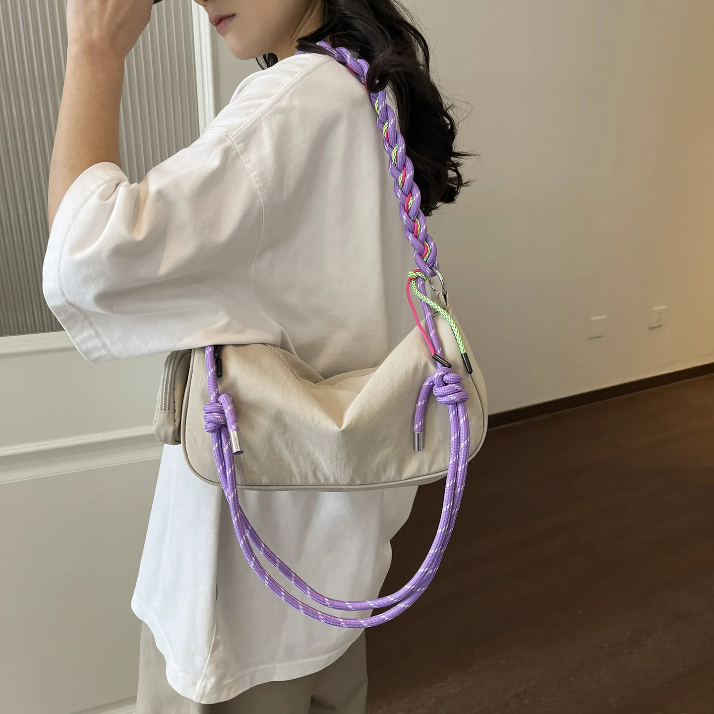Custom Logo Women Nylon Cylinder Shoulder Bag Braided Rope Strap With Mini Coin Purse Zipper Casual Sporty Crossbody Handbag