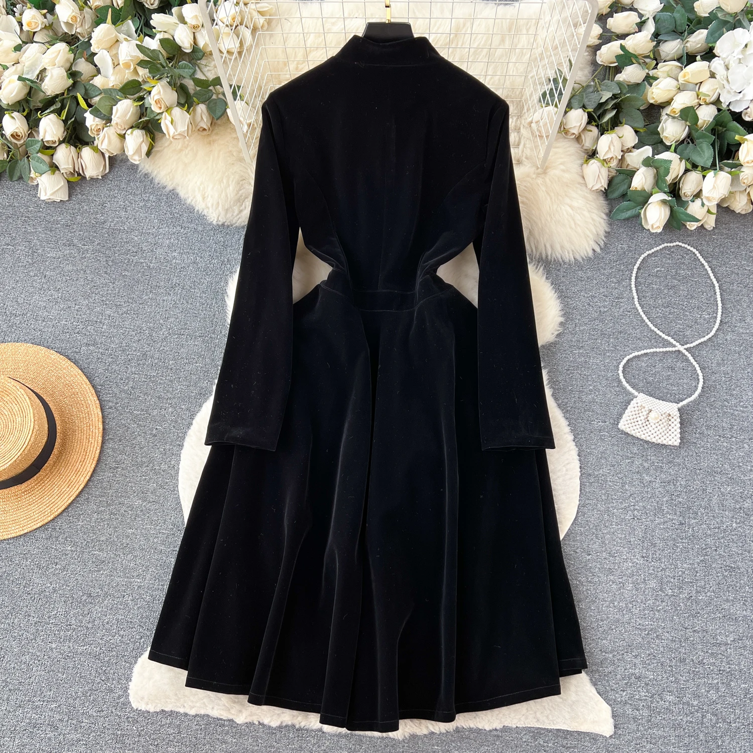 Chic vintage velours à manches longues bouton élégant fée fête mode coréenne automne femmes vêtements