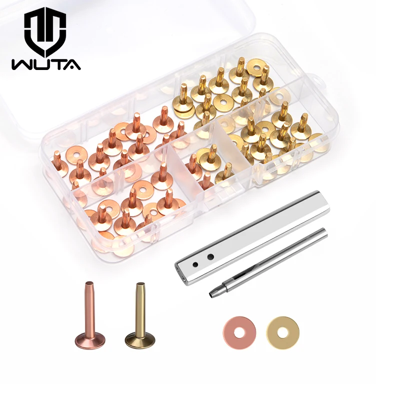 WUTA 43 Pcs Pure Copper Rivets and Burrs,4 Sizes Set Solid Brass Studs Setting Tool for Belts Wallets Collars Leather DIY Craft