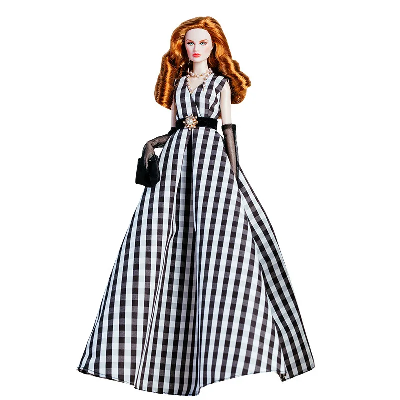 32 سنتيمتر عارضة أزياء ملابس دمى دعوى الأزياء الأوروبية خمر أبيض وأسود منقوشة اللباس مجموعة الأميرة فتاة DIY بها بنفسك لعبة جامع الهدايا