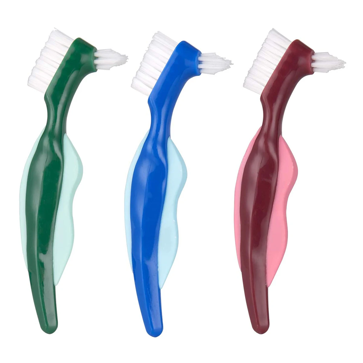 3pcs Double Headed Denture Brush False Teeth Cleaner Soft Bristle Dental Brushes Reusable Washable Long Handle Red Green Blue