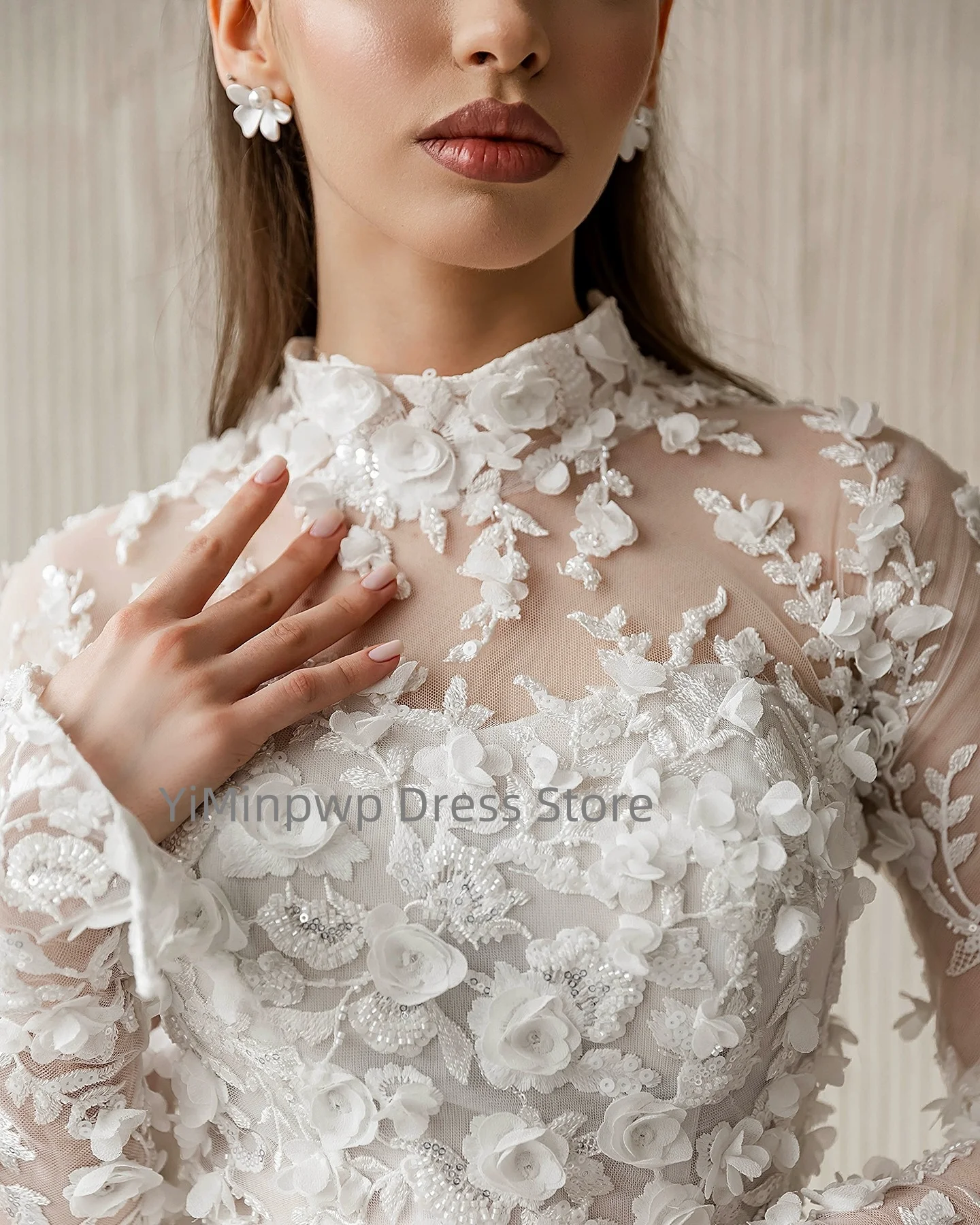 Vestidos de casamento requintados, gola alta, manga longa, sereia, vestido de noiva, flor, trem de varredura, vestido de noiva personalizado