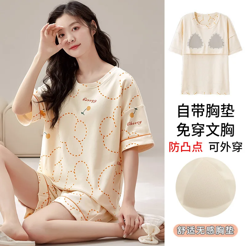 Summer 100% Cotton Women's Pajamas With Padded Bra Sweet Princess Cartoon Comfortable Short Sleeve Shorts Pajama Sets