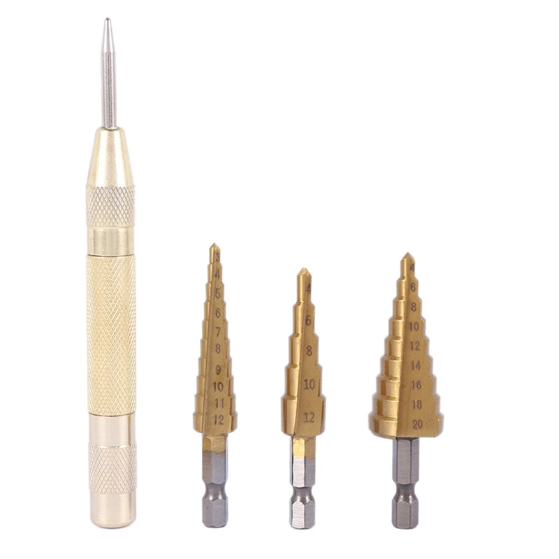 HSS titânio passo broca conjunto, soco central automático, 3 pcs