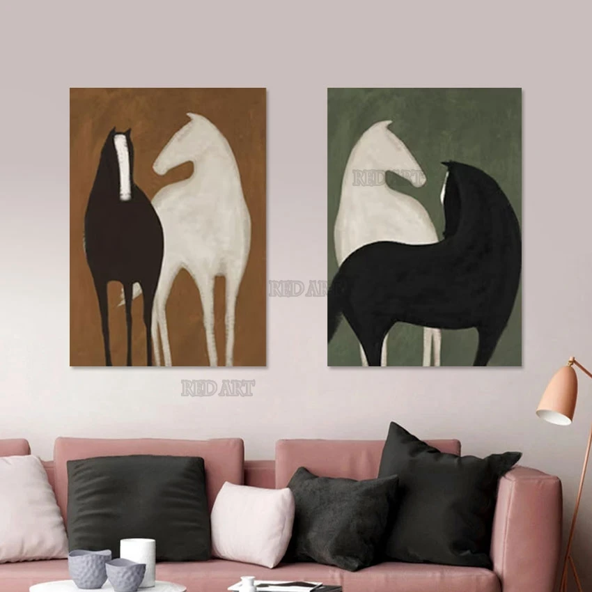 2 Panels Office Decoration Two Horses Canvas Poster Art Handmade Animal Drawing Oil Painting 2PCS Group Picture Wall Art