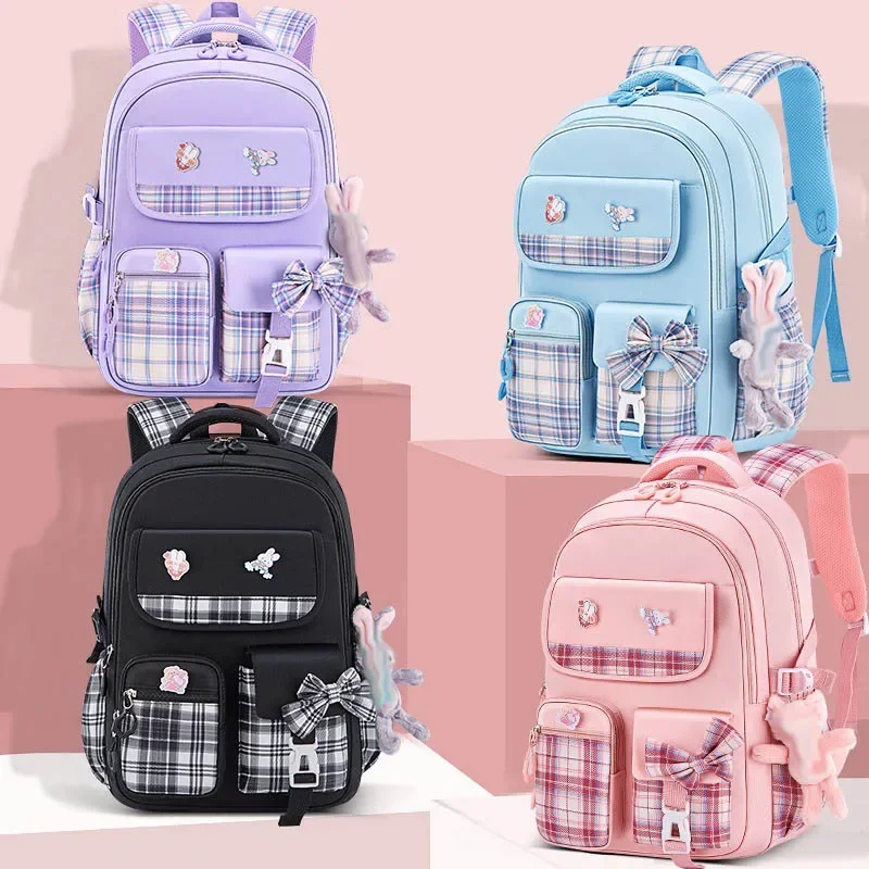 New Spine Protection Primary School Students Girls Checkered Backpack with Large Capacity Lightweight Waterproof Children's Bag