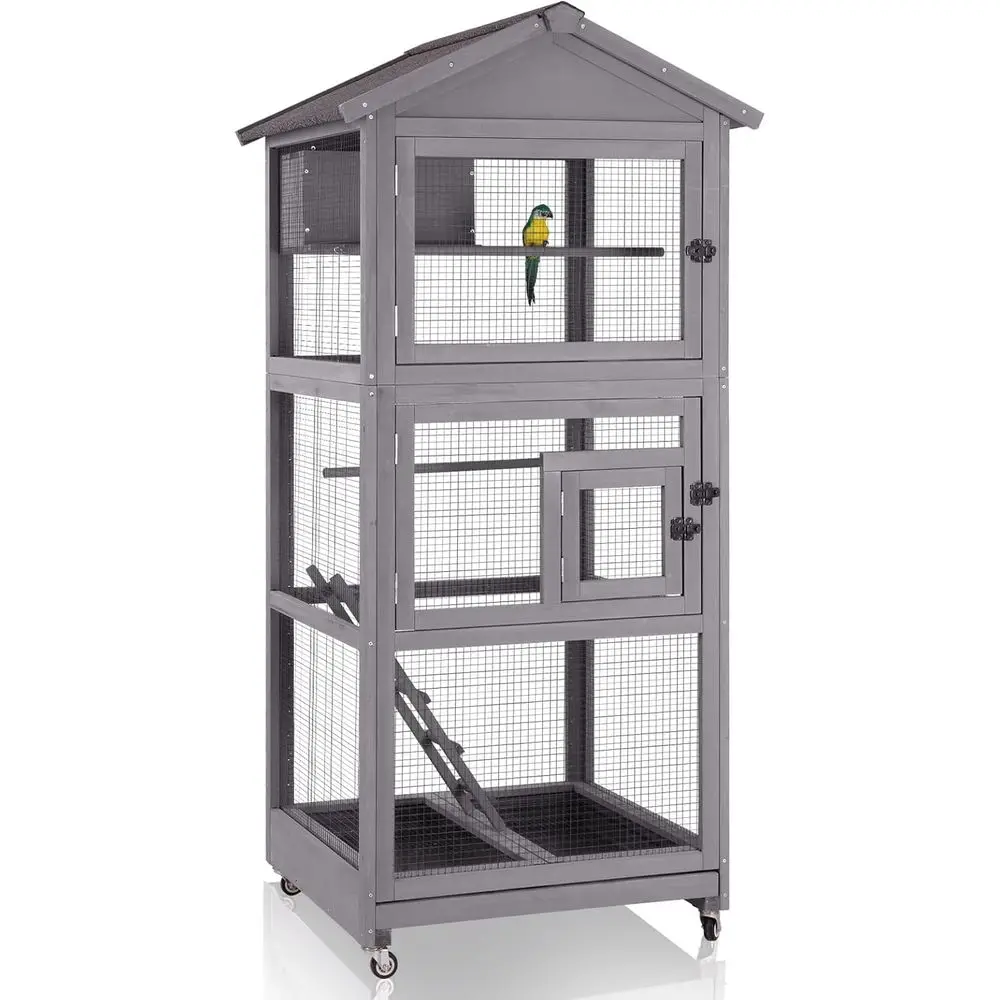 

Large Bird Cage Outdoor Wooden Aviary Indoor on Wheels, with Play Stand, Perches, Nest Habitat & Wire Mesh Tray for Easy Cleanin