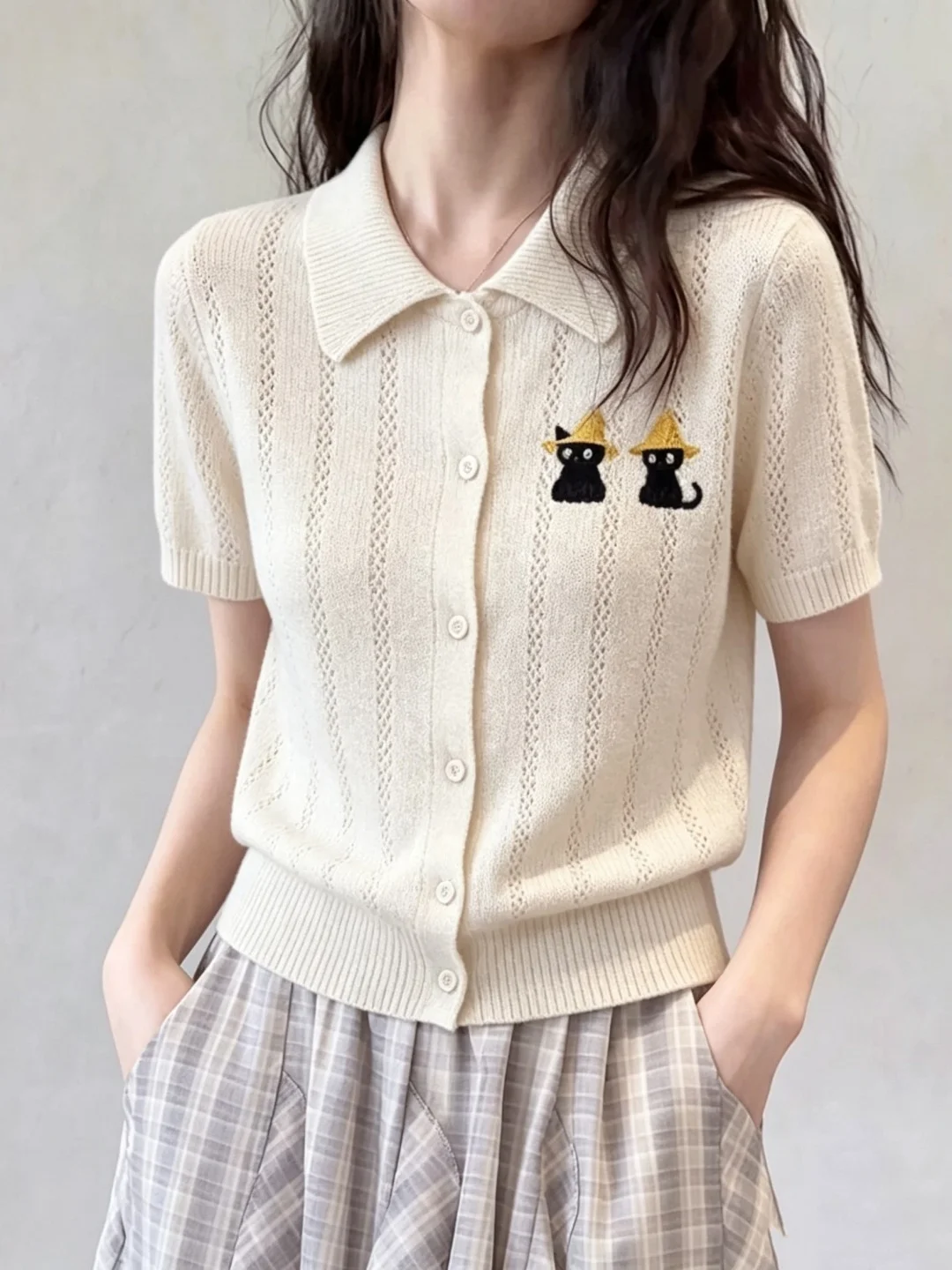 

High-End Oatmeal Embroidered Collar Short Sleeve Knitted Open Cardigan Women's Summer Fashion T-Shirt Top Korean Style R...