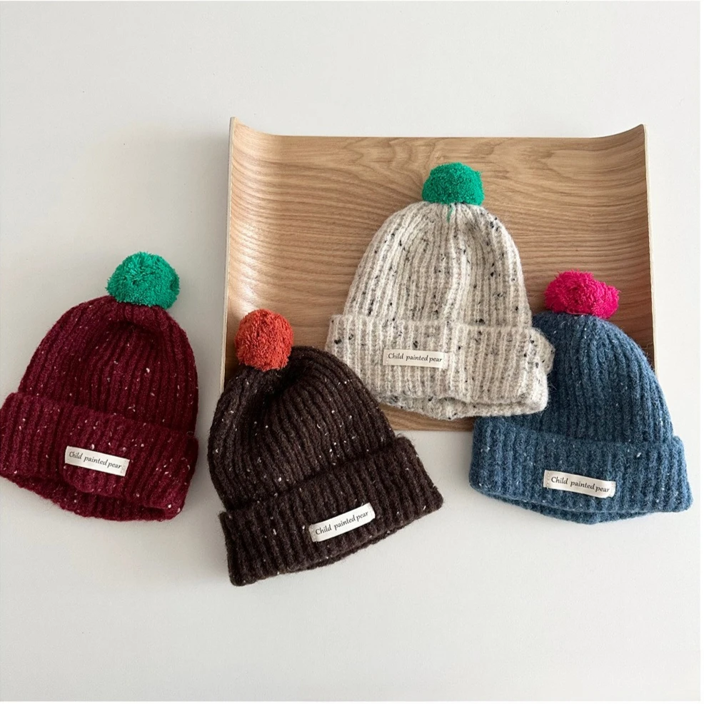 Children Hata 2025 Winter Baby Cute Fur Ball Curling Snowflake Knitted Hat for Boys and Girls Outdoor Windproof Warm Caps