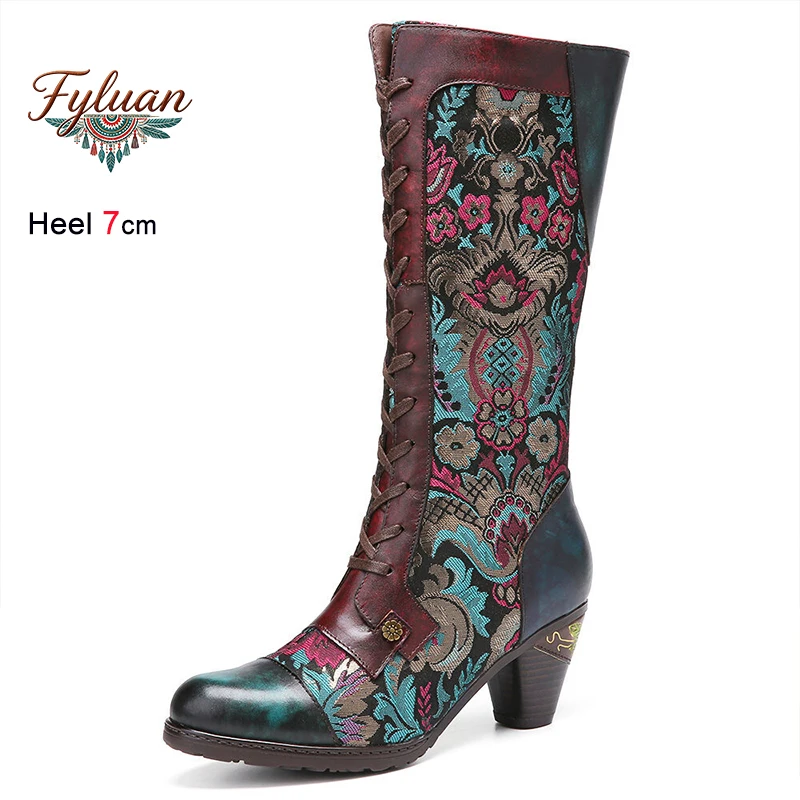 

Spring Winter Genuine Leather Nation Style Print Women's Knee High Boots Conical Heels Zipper Lace Up Ladies Pumps Knight Shoes