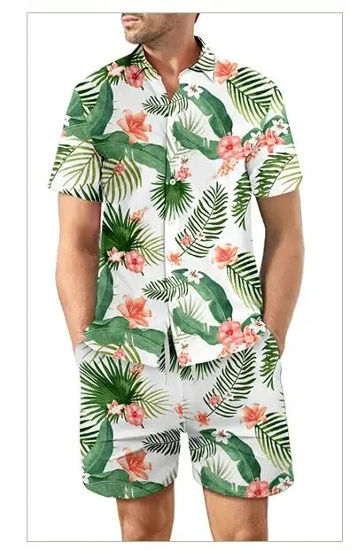 Conjuntos de camisas 3D estampadas em folhas masculinas, agasalho de praia, sportswear manga curta, estampa floral havaiana, 2 peças, diariamente