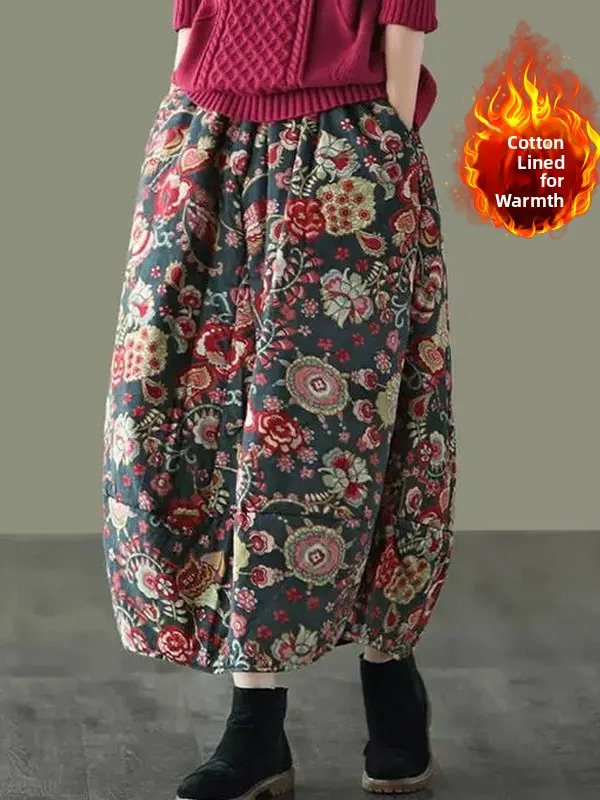 

Warm Cotton f-length Skirt Ethnic Print Slimming Base Layer Large Size Women's Loose Waist Long Cotton Skirt