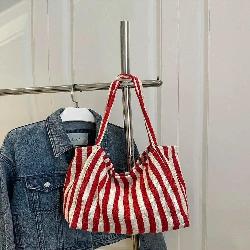 

Полосатая повседневная большая вместительная простая школьная сумка для покупок и отпуска, шикарная холщовая сумка в полоску в стиле ретро, большая литературная сумка