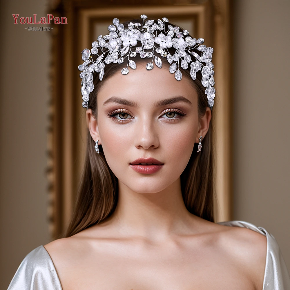 

YouLaPan Handmade Pearl Flower Headband Sparkling Crystal Rhinestone Wedding Head Jewelry Women Bride Hair Band Headpieces HP834