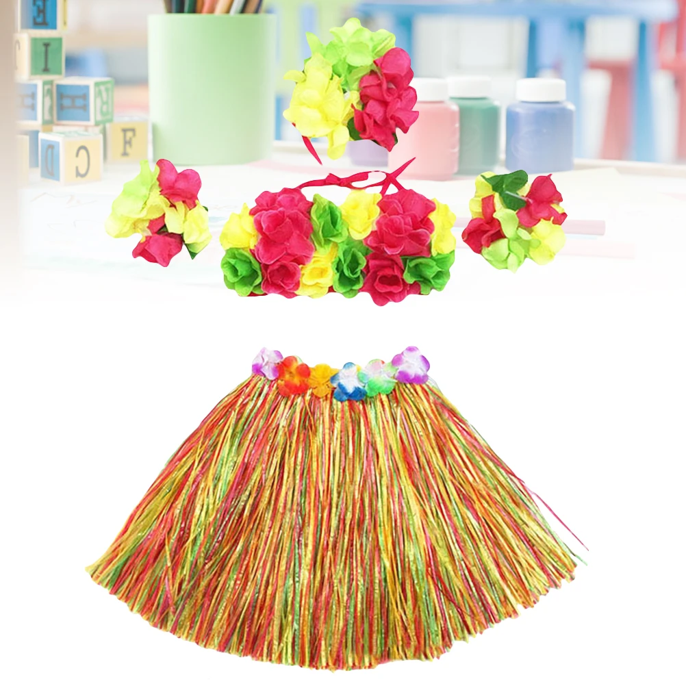 

5Pcs Hawaii Grass Skirt Set Colorful Tropical Hula Bra Flower Headband Bracelets Elastic Waistband Luau Party Outfit