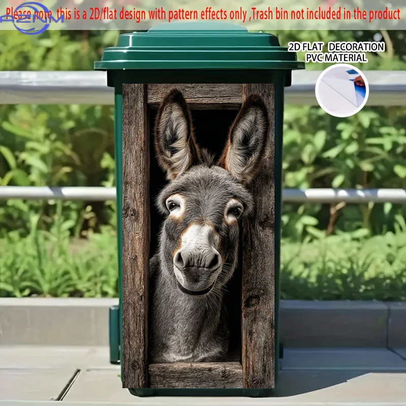 2D Flat Printing 1pc 2D Pattern Printed Kitchen Trash Can Sticker xcm Donkey Behind a Wooden Window Themed Kitchen Home Decor