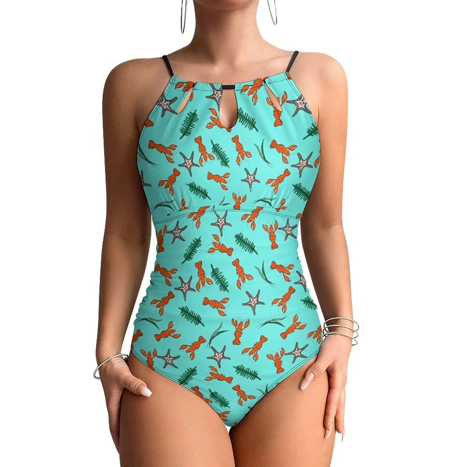 Funny Lobsters Swimsuit Sexy Sea Star Print Lady Swimwear One-Piece Retro Bodysuit Vacation Bath Push Up Sleeveless Bathing Suit