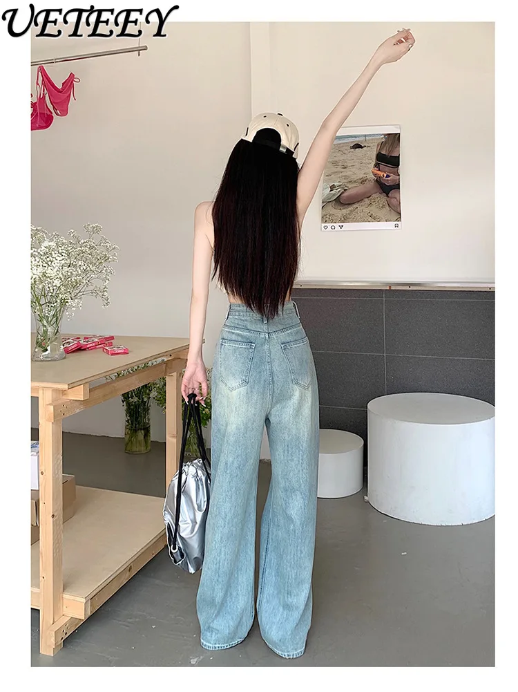 Versátil rasgado perna larga baggy jeans feminino maré primavera e outono verão solto drape cintura alta calças jeans retas