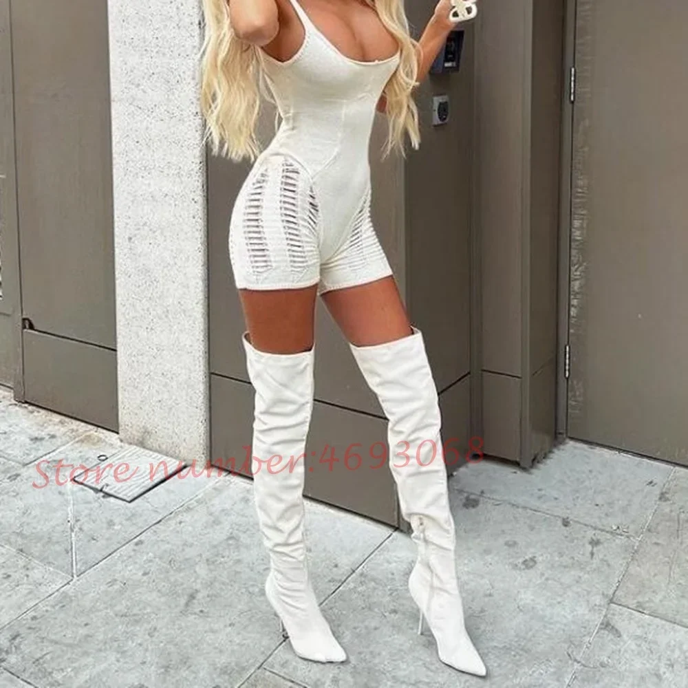 White Suede Thigh High Boots Women 2022 Outfit Elegant Pointy Toe Stiletto High Heels Trend Spring Sexy Side Zipper Long Boots