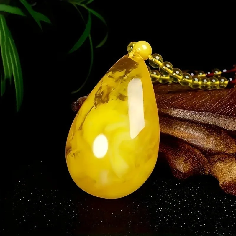 

Elegant Amber Beeswax Drop Pendant Necklace with Sweater Chain - Men and Women Casual Clothing, Casual Wear Necklace