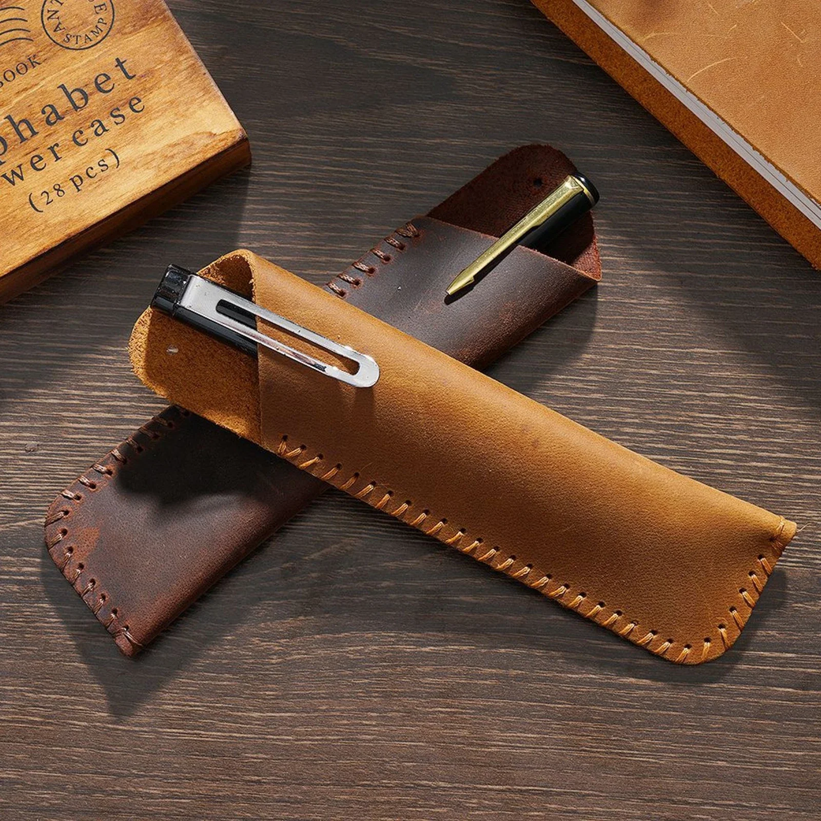 Soft Leather Pencil Case Holder, Handmade Pen Bag Pen Pouch Simple Stationery Protective Cover for Writing Tool, School & Travel