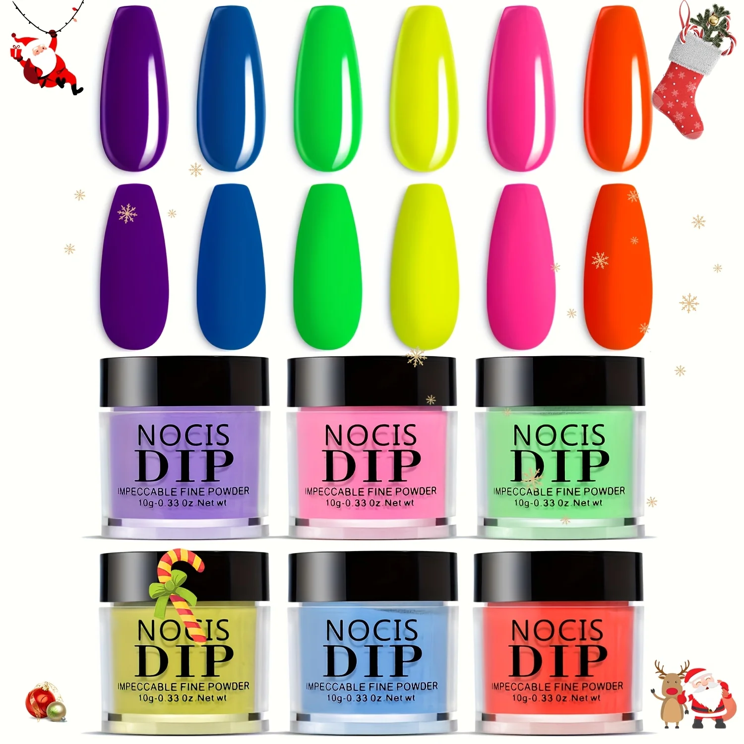 Set of Dip Powder Nails in Vibrant Orange, Fluorescent Blue, And Green, Featuring Six Colors Perfect for Spring And Summer.