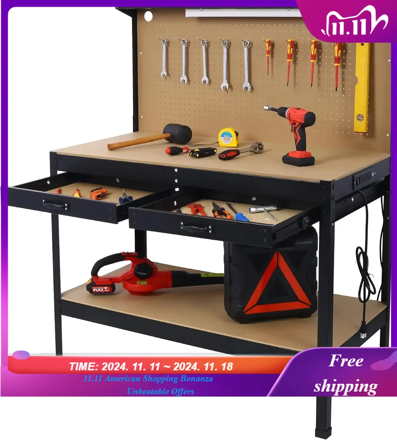 

Workbench with Power Outlets and LED Light - Heavy-Duty Steel Workbench with 4xAC Outlets 2xUSB Ports, Garage Work Bench