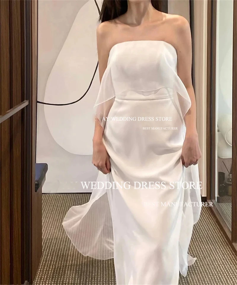 ML Silk Satin Korea Mermaid Wedding Dresses Strapless Simple Floor Length Formal Party Dress Plain Customised Wedding Gown