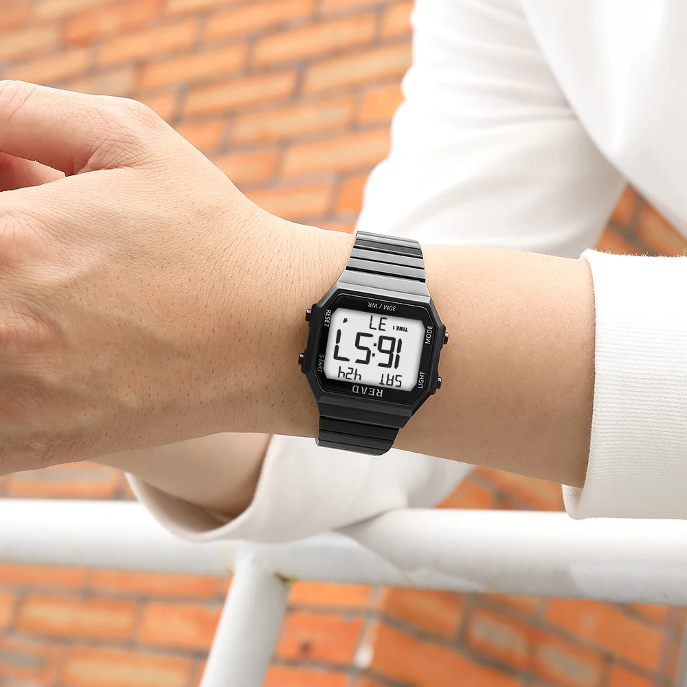 READ Square Digital Sports Watch | Stainless Steel Band | Dual Time Multi‑Alarm | LED Stopwatch | 3ATM Water Resistant