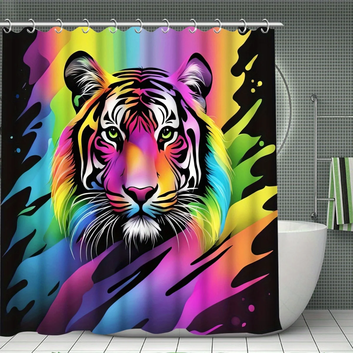 Rainbow Animal 4pcs shower curtain Bathtub Curtain, Shower Curtain with 12 Hooks, Non-slip Bath Blanket, Toilet U-shaped Mat