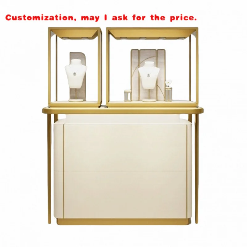 custom.2 Part Golden Stainless Steel White Storage Cabinet Jewellery Displays Jewelry Shop Display Stands