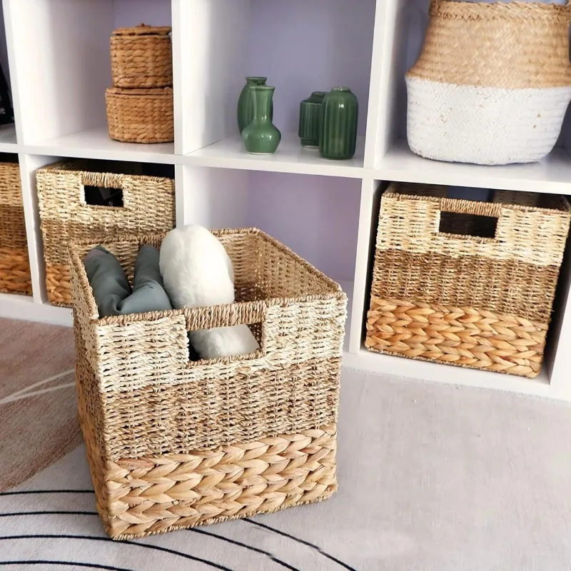 Rattan Wicker Basket for Shelf, Desktop Storage Organizer Handmade Natural Fiber Bin for Home Office Living Room