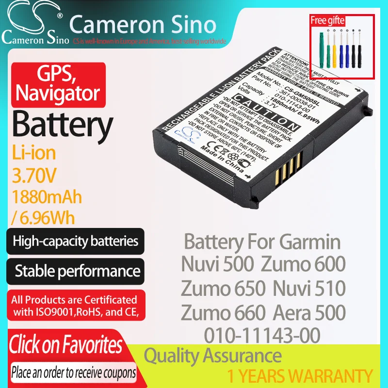 CameronSino Battery for Garmin Nuvi 500 Zumo 600 650 660 660LM Nuvi 510 Aera 500 fits Garmin 010-11143-00 GPS, Navigator battery