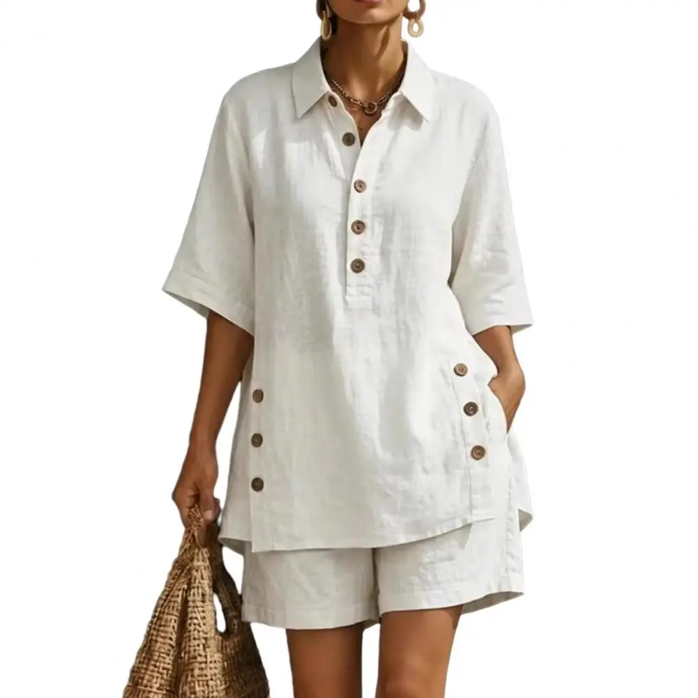 Lapel Button Shirt Cotton Linen Women’s 2 Piece Outfit Button Short Sleeve Shir… - Image 2