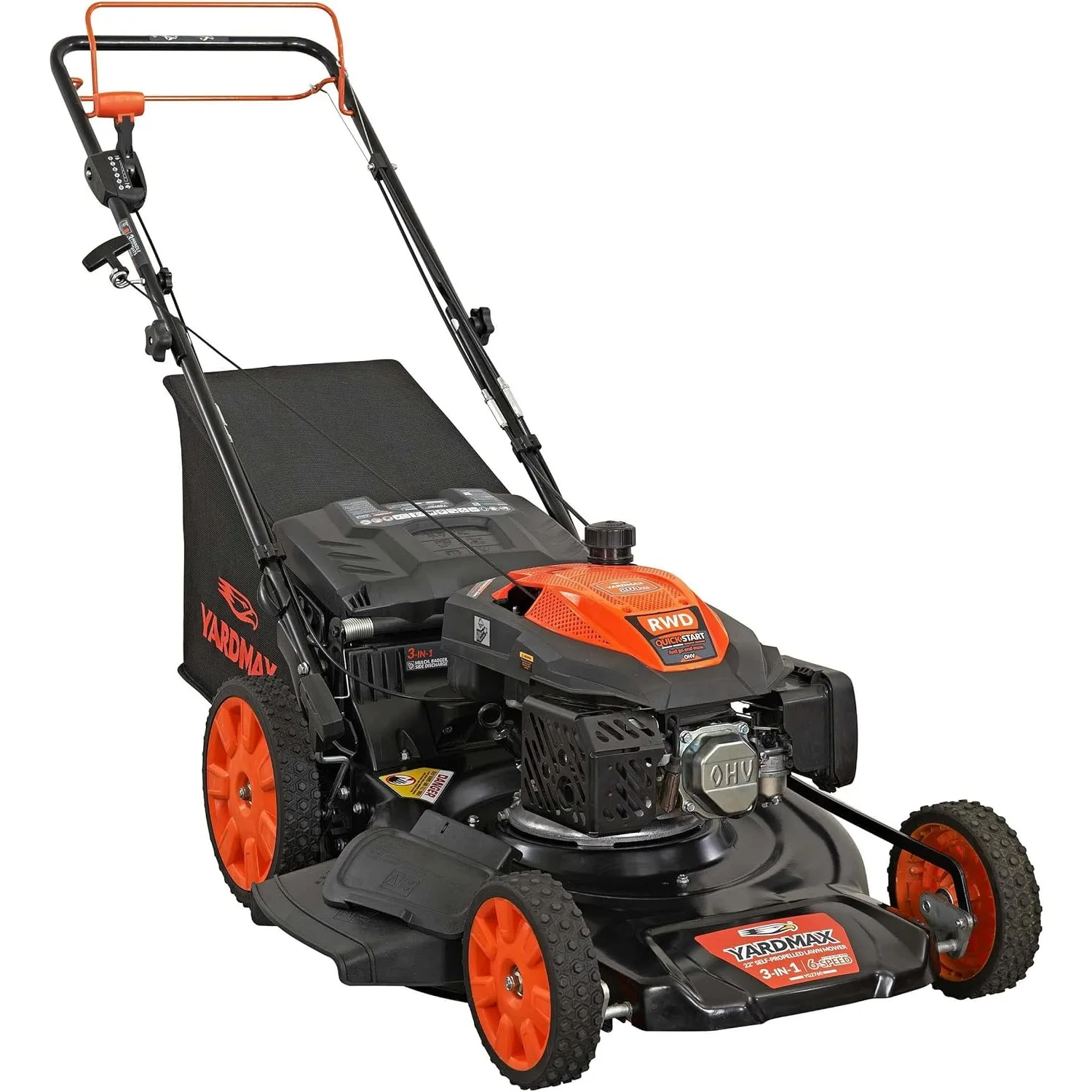 

YARDMAX 22 in. 201cc Select PACE 6 Speed CVT High Wheel RWD 3-in-1 Gas Walk Behind Self Propelled Lawn Mower Black USA