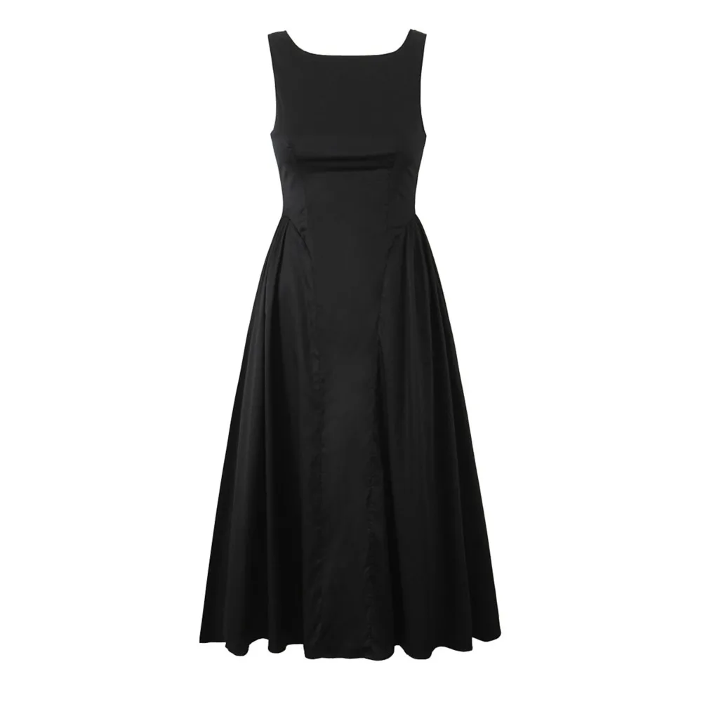 Sexy Round Collar Back U Low Waist Midi Tank Dress Christmas Women Backless Pleated Swing A-line Party Robe Red White Black