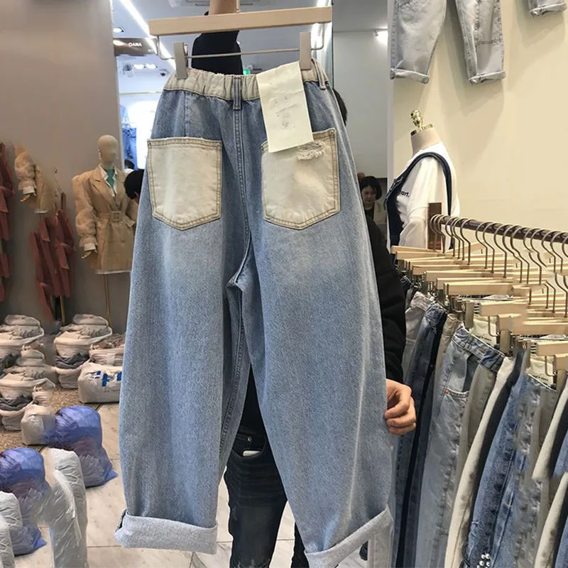 Übergroße Damen Jeans Elastische Taille Harem Hosen Frühling Herbst Lose Beiläufige Jogginghose Denim Neunte Hosen Weibliche Rübe Hosen 5XL