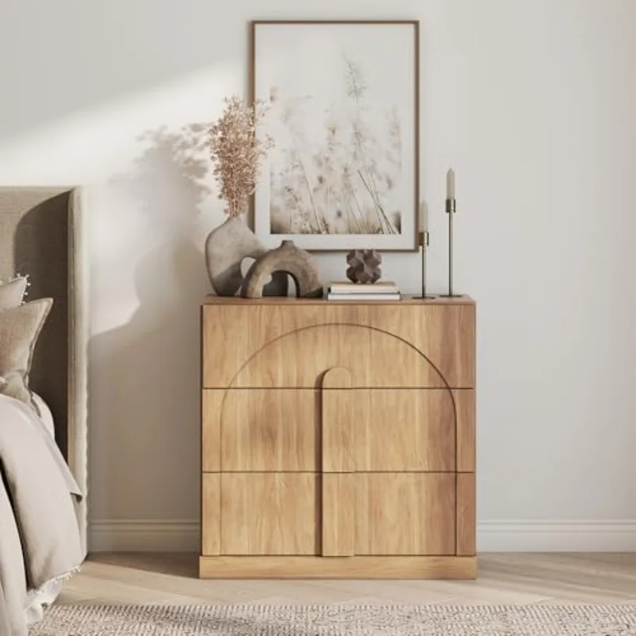 Sideboard Cabinet with 3 Drawers for Kitchen Living Room Entryway, Modern Wood Buffet Cabinet with Arc Design and Fluted Textur
